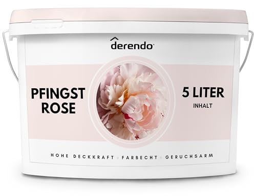 derendo Exklusive Wandfarbe rosa 5L, hohe Deckkraft, Dispersionsfarbe innen, Innenwandfarbe Raumfarbe Pfingst Rose, Deckkraftklasse 2, hochdeckende Innenfarbe Profi Qualität