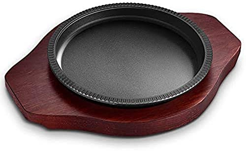 ZHZXBDGQ Round Cast Iron Steak Plate with Wooden Base,Teppanyaki Plate,Korean BBQ Frying Pan for Restaurant Food Cooking Accessory Ideal for Meat Grilling-27cm