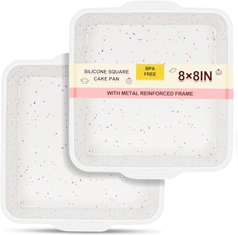 SJ 8 x 8 Inch Silicone Square Cake Pan with Metal Reinforced Frame Set of 2, Nonstick Silicone Cake Molds BPA Free Suitable for making Cakes Brownies Cheesecakes Pie Bread