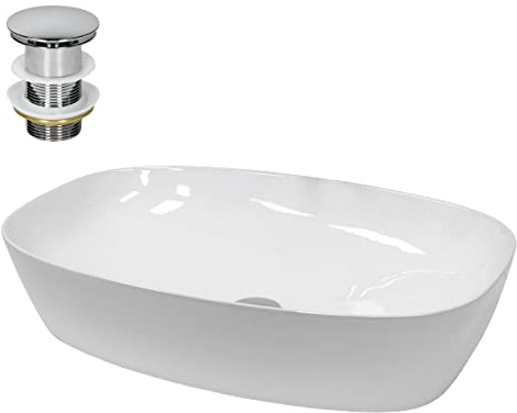 LuxeBath Waschbecken Keramik 605x380x140 mm oval Weiß mit Ablaufgarnitur Silber, Aufsatzwaschbecken für Badezimmer/Gäste-WC, Modernes Aufsatzbecken, Waschtisch Waschschale Waschplatz Handwaschbecken