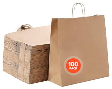 VEVOR Sac Papier Kraft, Lot de 100, Sac Cadeau avec Poignées, 457 x 178 x 483 mm, Grands Sacs d'Épicerie Réutilisables, Emballage de Courses, pour Anniversaires, Mariages, Shopping, Cadeaux, Marron