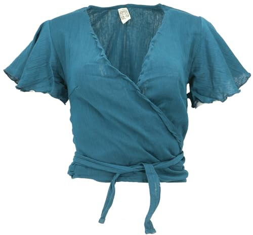 GURU SHOP Boho Wickelbluse, Wickeltop aus Baumwolle - Petrol, Damen, Size:L
