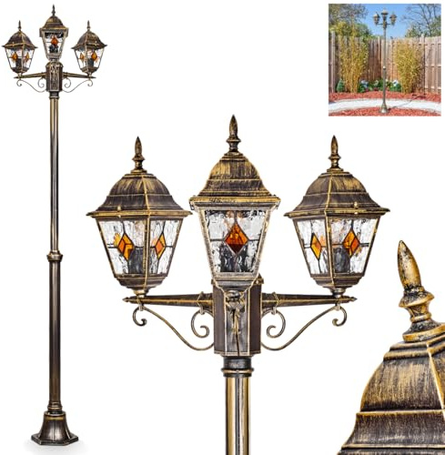 HOFSTEIN Kandelaber Naofe, Außenwegeleuchte aus Metall/Glas in Gold/Braun/Klar/Orange, Wegebeleuchtung 220 cm, 3 x E27, IP44, Wegeleuchte im Vintage-Design für Garten, Außenbereich, Hof