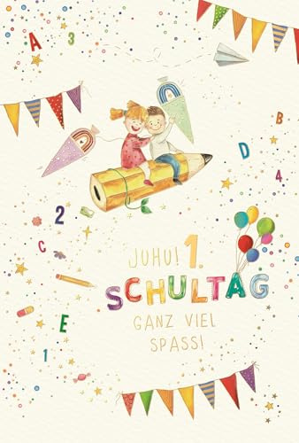 PremiumLine Karte zum Schulanfang | 1 Stück mit Umschlag | Glückwunschkarte zur Einschulung | Grußkarte für Jungen & Mädchen | edle Klappkarte 11,5 x 17 cm aus Naturkarton