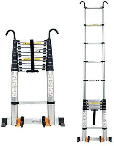 Escalera telescópica ajustable - Andamio extensible con ganchos para ático, techo, caravana - Versátil de 3 a 7,3 m de altura para un fácil acceso y estabilidad.
