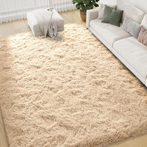 FVVRAX Tapis Shaggy Moelleux à Poils Longs, 140 x 200 cm, Beige Tapis, Extra Doux, antidérapant, pour Salon, Chambre à Coucher, Tapis de Sol Douillet pour Animaux domestiques