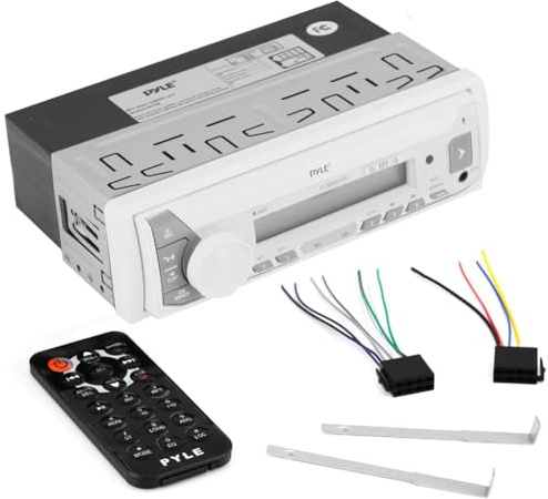 KIT SET PER PYLE PLMRB39W, autoradio 1 din, ricevitore am/fm, stereo, aux/usb/mp3/wma, con bluetooth, marino, per barca, gommone, 1 pezzo + accessori omaggio