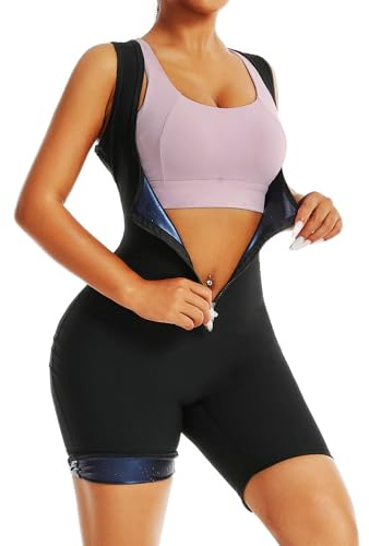 Sauna Suit for Women Weight Loss Waist Trainer Vest Workout Sweat Suits Sauna Jumpsuits Slimming Full Body Shaper Zipper Gym Workout Top (L)