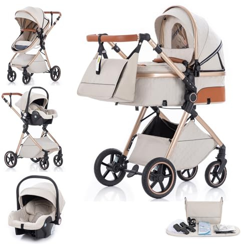 Sepramya 3 in 1 Kinderwagen Reisesystem, Buggy mit höhenverstellbarem Griff, Reisewagen Mit Auto Babyschale, Kinderwagen mit Regenschutz und Aluminiumrahmen für Neugeborene