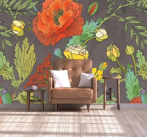 Plantes Vertes Rétro Fleurs Rouges Papier Peint 3D Installation Facile Intissé Tapisserie Bureau Salon Canapé Chambre Décoration Murale-150cm×105cm