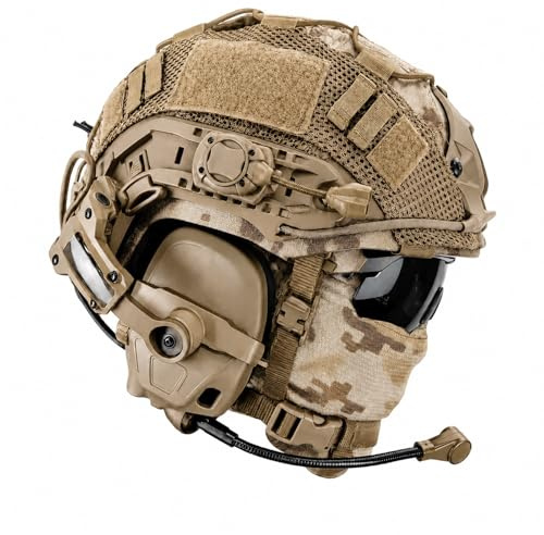 FmedRBC Juego Casco Táctico, Kit Casco Airsoft Todo En Uno con Auriculares Tácticos, Gafas, Pasamontañas Y Luz Montada En Riel, Equipo Ajustable for Paintball CS Cosplay Deportes(Brown)