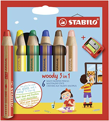 STABILO - Buntstift, Wasserfarbe & Wachsmalkreide - woody 3 in 1-6er Pack mit Spitzer - mit 6 verschiedenen Farben