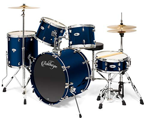 Ashthorpe 5-Piece Full Size Adult Drum Set with Remo Heads & Premium Brass Cymbals - Complete Professional Percussion Kit with Chrome Hardware - Blue