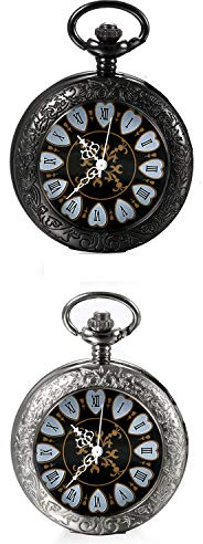 JewelryWe Retro Handaufzug Mechanische Taschenuhr Vintage Blumenmuster Römische Ziffern Uhr Taschenuhren mit Kette und Geschenkbox, Schwarz/Silber