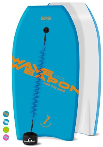 Own The Wave 37 Body Board for Kids and Adults - HDPE Slick Bottom & EPS Core - Lightweight Body-Board for Beach and Surfing - Comes with Coiled Arm Leash and Fin Leash (Blue & Orange)