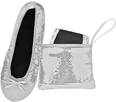 Women's Foldable Ballet Flats – Portable Flat Shoes for Travel and Wedding that Fit in Your Purse (S, Silver Sequin)