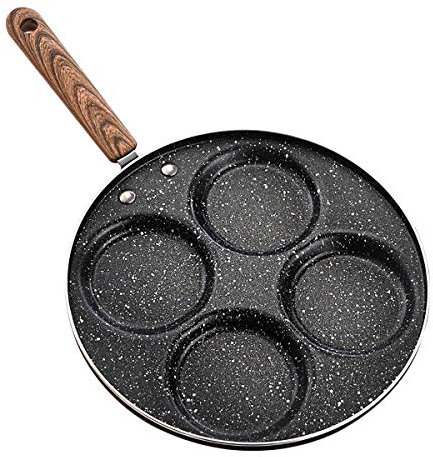 Sartén antiadherente sin tapa Aleación de aluminio con mango de madera maciza 4 agujeros Sartén de tortilla de huevos escalfados Olla de desayuno 39X24,5 cm
