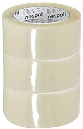 Nespoli - Set 3 Pezzi Nastro Adesivo Pacchi Trasparente 50mm x 66m, Nastro Pacchi Imballaggio Scatole e Imballi Leggeri, Compatibile con Dispenser Manuali e Macchine, Sigillatura Sicura e Resistente