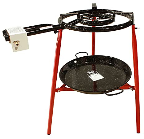 FERRETERIA LEPANTO Kit Paellero 40 cm Gas butano, paellera esmaltada de 46 cm, regulador de Gas + 1,5 metros de Manguera, soporte de 3 Patas reforzadas,