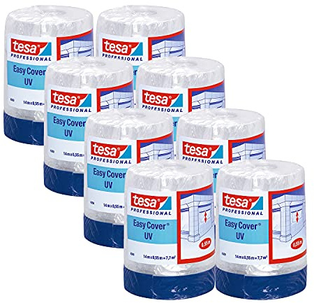 tesa Easy Cover 4369 UV Malerband mit Folie, 8er-Pack, 14 m x 0,55 m - Blau | UV-beständiges Abklebeband für Malerarbeiten im Außenbereich - 2-in-1 Set mit Malerkrepp aus Gewebeband und Malerfolie