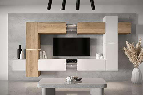 Furnitech Wohnwand Wohnzimmer - Hängend Wohnwand Modern - Wohnzimmer Schrankwand mit Regale und TV Schrank - Wohnzimmer Möbel ohne LED (AN91NEW-21SW-M16)