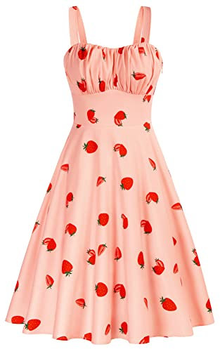 Belle Poque Ladies Sleeveless Ruched Dress 50s Retro Sweetheart Neckline Slim Fit Party Dress Strawberry 380-01 XL