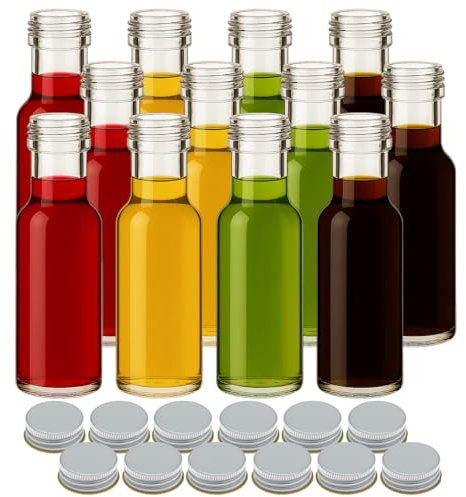 gouveo Juego de 12 botellas de vidrio Dorica de 100 ml con tapón de rosca - Pequeñas botellas redondas de vidrio para aceite, vinagre y licor con tapas plateadas PP31.5 (DFT100S)