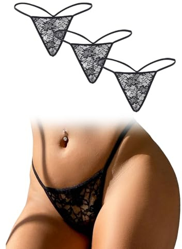 comeondear Perizoma Donna Seducente Vita Bassa Tanga Donna Pizzo G-String Mini String Lingerie Sexydonna Hot Mutandine Brasiliana Soft Lace Biancheria Intima Sexy Perizomi 3 Pezzi Nero,S