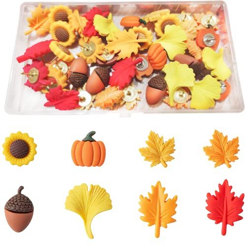 Autumn Decorative Push Pins - 40 Pcs Fall Push Pins Cute Thumb Tacks for Wall - Sunflower, Ginkgo Leaf, Maple Leaf, Pumpkin, Acorn, Thanksgiving Pushpins for Bulletin Board