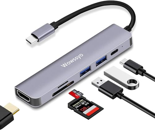 Wowssyo Hub USB C 6 en 1, Adaptador USB C para MacBook Pro/Air, HDTV 4K, lectores SD y TF, PD 87W, Puertos USB 3.0 / USB 2.0, para iPad Pro m1, XPS, Portátiles, Switch, Soporta función OTG