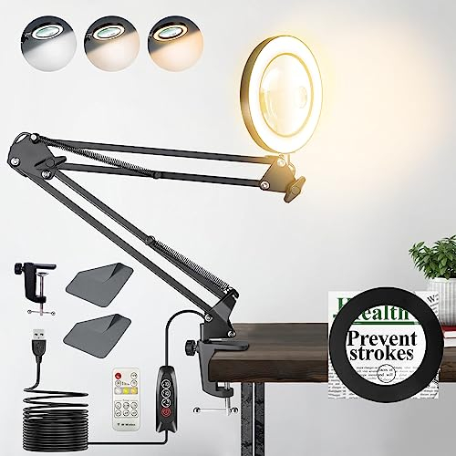 Lupe mit Licht, 10 Fach 15 Fach Lupenleuchte mit Klemme, Verstellbare Arm Lupenlampe Kosmetik mit 3 Modi Farben und Stufenlos Dimmbaren, Magnifying Glass with Light