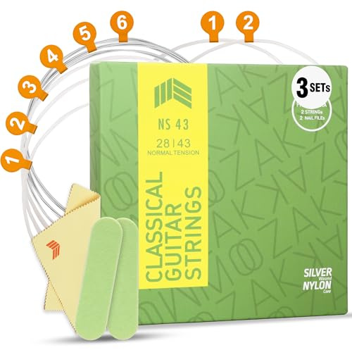 MOOZAK 3 Sätze Klassische Gitarrensaiten Nylon 28-43 Normal Tension – Fluorocarbon-Nylon, versilberte Kupferbasssaiten mit PU-Beschichtung, Warmer Klang, inkl. Ersatz 1. & 2. Saite und 2 Nagelfeilen