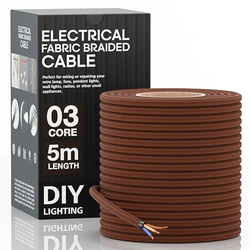 LEDSone 5M/16FT 3 Core Brown Antique Wire Braided Woven Cable, 3 Conductors 18 Gauge, Flexible Lighting Cord Cloth Covered Electrical Antique Cable, Modern Cloth Covered Vintage Fabric Wire