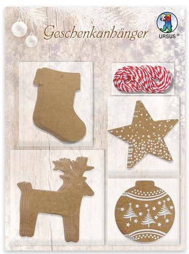 Ursus 41300001F - Geschenkanhänger, Weihnachten 1, 20 Stück, inkl. 3 m Kordel, 4 Motive, Anhänger aus Kraftkarton zum Verzieren und Beschriften
