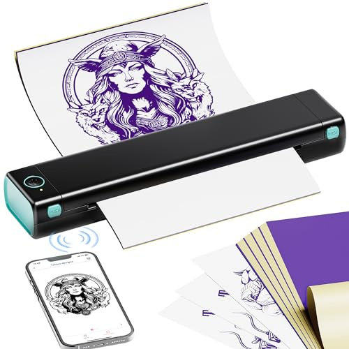 PhoFuta Tattoo Drucker Stencil Drucker mit 10 Blatt Stencil Papier für Tattoo Maschine Set, Thermodrucker Tattoo Kompatibel mit IPad & Telefon & PC für Künstler und Anfänger DIY Tattoo, Schwarz