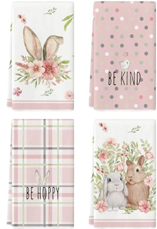 Artoid Mode Pink Bunny Rabbit Ears Floral Leaves Easter Kitchen Towels Dish Towels, 18x26 Inch Be Kind Seasonal Decoration Hand Towels Set of 4