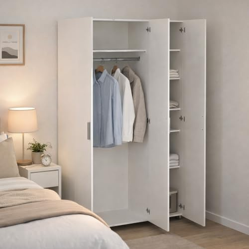 Dmora Isabelle Kleiderschrank mit 3 Türen, Schlafzimmermöbel, begehbarer Kleiderschrank, 118 x 50 x 201 cm, Weiß