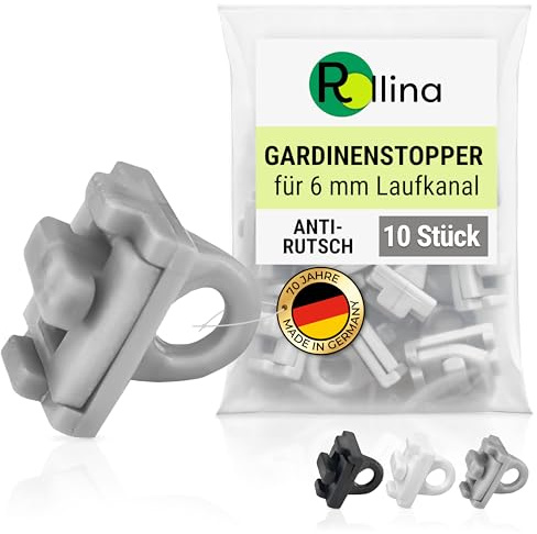 Rollina Gardinenstopper Premium für 6mm Schienen | 10 Stück, grau | Stopper mit Anti-Rutsch Funktion | Zuverlässiger Feststeller für Gardinenschienen | Verhindert Verrutschen und Herausfallen