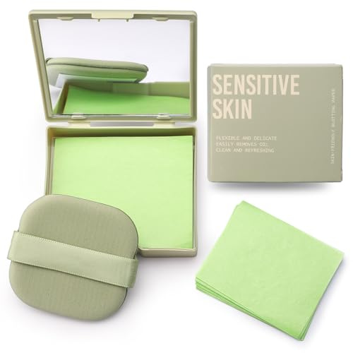 Erinde Oil Blotting Sheets for Face with Mirror and Puff, 200 Sheets Oil Blotting Paper for Oily Skin, Face Oil Absorbing Sheet, Natural Oil Control Film, Absorb Excess Oil, Makeup Friendly