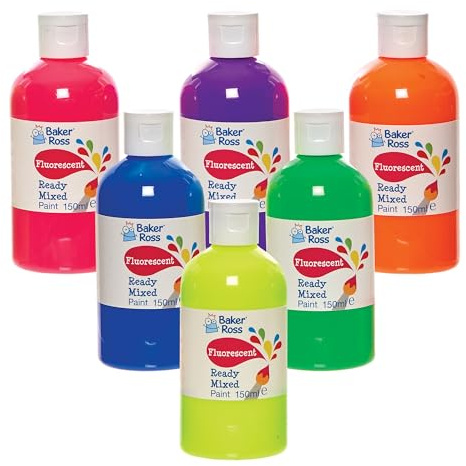 Baker Ross FN247 Fluorescent Ready Mixed Poster Paint Pack 150ml - Box of 6, Paint Value Pack of Bottles, Paint for Kids