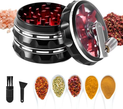2.5 4 Pieces Clear Top Herb Grinder Metal Large, Aluminum Alloy Spice Grinder with Foldable Handle, Pollen Scraper and Cleaning Brush (Red)