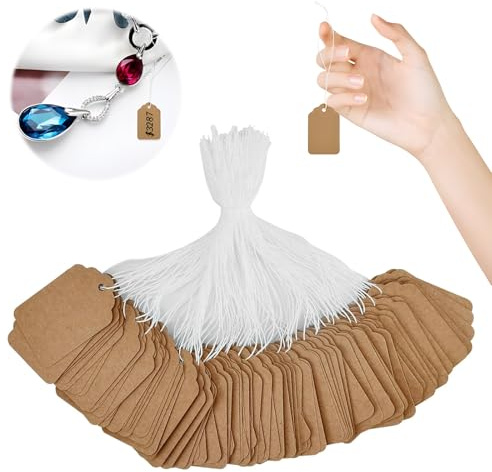 500 Pcs Anhänger Etiketten,Preisschilder Anhänger Etiketten zum Beschriften Preisetiketten Hängeetiketten Papieretiketten Anhänger Etiketten mit Elastischer Aufhänge Schnur (Braun)