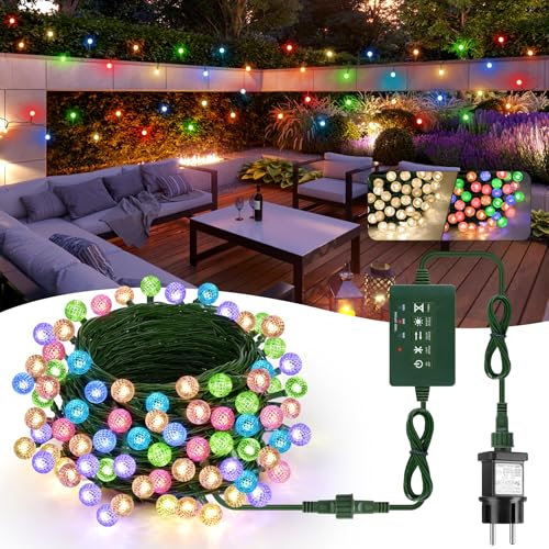 Outdoor LED Lichterkette Kugeln 30m, IP68 Wasserdicht Warmweiß & Mehrfarbige Globe Lichterkette mit Controller & Netzteil,100LEDs Dimmbarer Kristall Kugeln Farbwechsel Lichterkettten für Balkon Garten