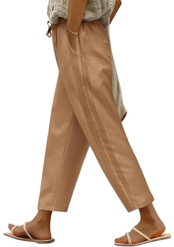 UMIPUBO Damen Sommerhose 7/8 Lang Sommer Hose Baumwollhosen Elastische Taille Freizeithose Capris Hosen Casual Loose Fit Leichte Stoffhose Palazzohose mit Taschen Kordelzug (Khaki, L)