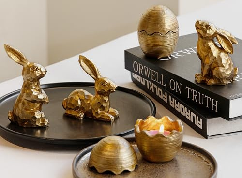 Easter Decorations for Home-3pcs Gold Bunny Figurines & 2pcs Easter Eggs & 2pcs Tealights, Brass Rabbit Decor for Spring Home Decor, Vintage Resin Bunnies for Table Centerpieces Mantel Decorations