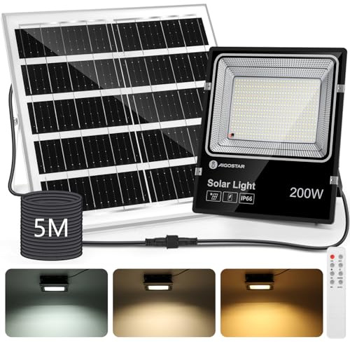 Aigostar-Solar LED Strahler Außen mit Große Solarpanel,5 m Kabel,Dimmbar 3000K/4500K/6500K,16000mAH,Große Batteriekapazitä,IP66,Solarlampen für Außen Gärten,Solarleuchte mit Fernbedienung