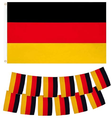 GOOGIT Set Bandiera Germania 90 x 150 cm con Occhielli e 2 Ghirlande 20 Bandierine 14 x 21 cm Resistente Nazionale (Set Germania - Bandiera + 2 Ghirlande)