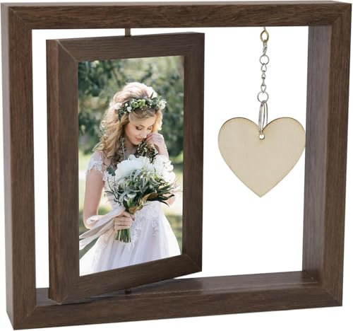 UOCAI Cornice portafoto in legno, 10 x 15 cm, per foto fai da te, personalizzata, su entrambi i lati, in legno, girevole con ciondolo a cuore, regalo di compleanno (marrone)