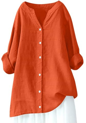 T-shirts för kvinnor linne långärmad muslin blus vardagliga toppar stora storlekar toppar elegant blus lång tunika v-hals långärmad t-shirt, Orange, L