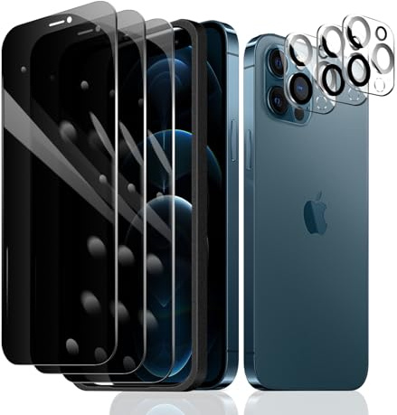 3 Stück Sichtschutz Schutzfolie für iPhone 12 Pro Max [6,7 Zoll]+ 3 Stück Kameraschutz mit einfachem Befestigungswerkzeug, Anti-Spy Panzer Schutz Glas, Anti-Spionage Panzerfolie, gehärtetem Glas